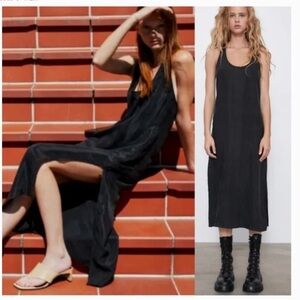 Zara Fillsens tencel Racerback sleeveless Black Midi Dress slit slip maxi